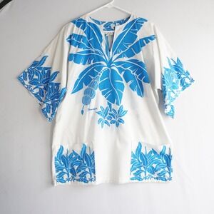 VTG Sun Island Jamaica Tropical Palm Tree Tunic Top White Blue Aloha V-Neck